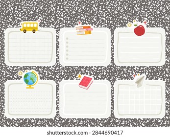 Set of school note cards with bus books apple globe and paper plane on abstract background