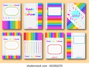 Set of school notebook covers with colorful pencils on page of copybook in cage and lines. Back to school. Vector illustration