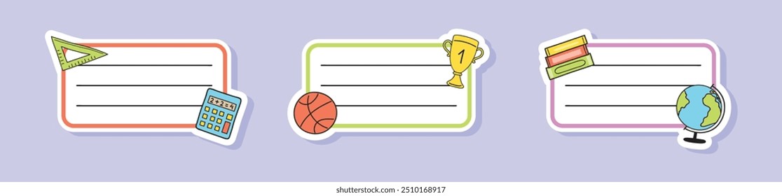 Set with school notebook labels in hand drawn style. Vector illustration