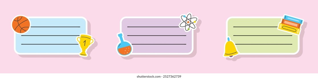 Conjunto con etiquetas de cuaderno de la escuela en estilo dibujado a mano. Ilustración vectorial