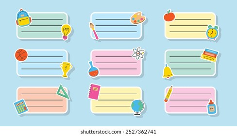 Set with school notebook labels in hand drawn style. Vector illustration