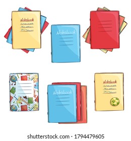 Juego de cuadernos escolares. De vuelta a la escuela. Objetos aislados dibujados a mano sobre un fondo blanco.