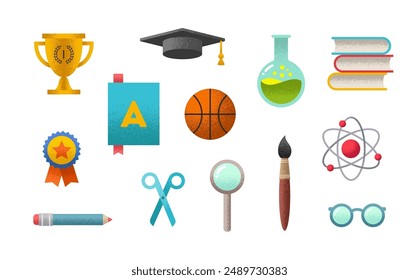 Set of school object, supplies and accessories. Vector illustration with grain textures.