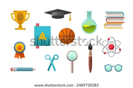 Set of school object, supplies and accessories. Vector illustration with grain textures.
