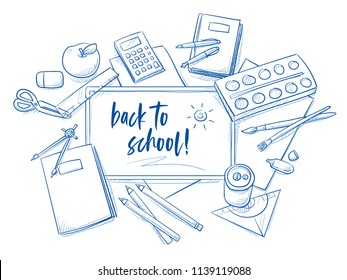 Set of school objects arranged on a desk from top view. Back to school concept. Hand drawn line art cartoon vector illustration