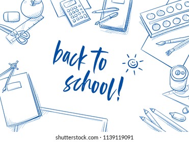 Set of school objects arranged on a desk from top view. Back to school concept. Hand drawn line art cartoon vector illustration
