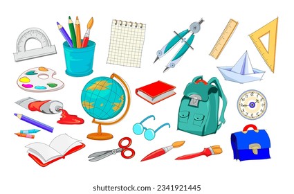 Conjunto de objetos escolares. De vuelta a la escuela. Elementos de herramientas educativas.  Ilustración de los suministros educativos. Dibujos aislados sobre fondo blanco. Vector plano, estilo de dibujos animados.