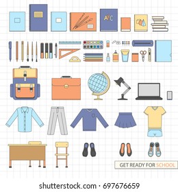 Set of school objects: eraser, pens, brush, ruler, notebook, globe, laptop, scissors, school uniform, glue, shoes, lamp, desk, schoolbag.