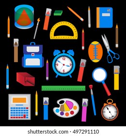 Set of school objects over black. Vector illustration of education and office tools.