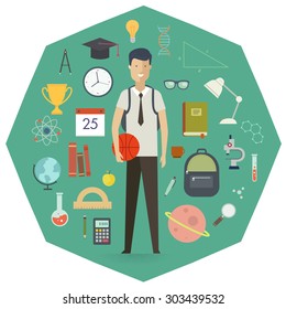 Set of school objects and student character. Education background. Flat design. Icon set