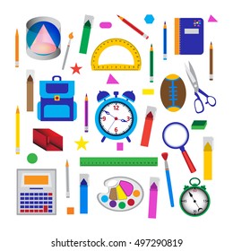 Set of school objects. Vector illustration of educationl and office tools over white.