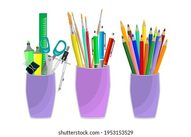 Set of school or office cups with stationery supplies isolated on a white background.Color pencils in cup.Stationery holder collection. Colored desk organizer. Back to school.Stock vector illustration