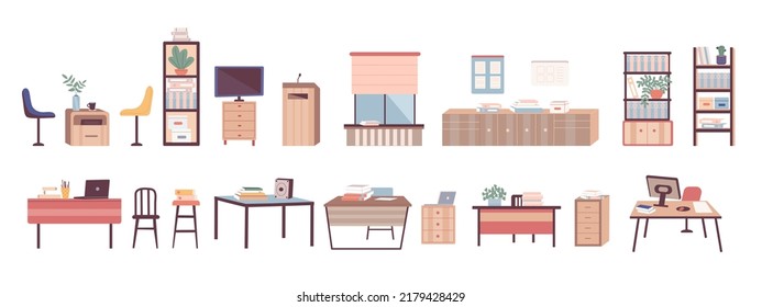 Set of School and Office Furniture Cabinet with Books, Table, Chair, Documents and Plant. Workplace Education