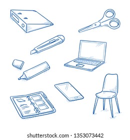 Set of school and office objects, as bender, chair, laptop, scissors, highlighter, phone, personal planner and cutter. Hand drawn line art cartoon vector illustration.