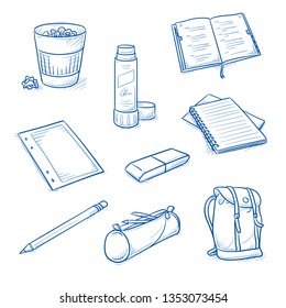 Set of school and office objects, as encyclopedia, pencil, glue stick, rubber, pouch, back pack, paper, spiral notebook and waste basket. Hand drawn line art cartoon vector illustration.