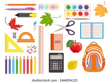 Set of school and office supplies. Color icons of tools for writing, drawing, learning isolated on white background. Vector illustration of office stationery collection in cartoon flat style.