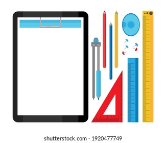 Conjunto de material escolar y de oficina aislado en blanco. Ilustración vectorial de artículos para la educación escolar.