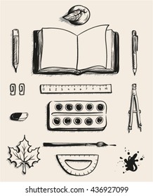 Set School office supplies top view. Open book, apple, pen, watercolor paints, eraser, maple leaf, compass, blot, protractor, ruler, ballpoint pen and brush. Illustration in vector format