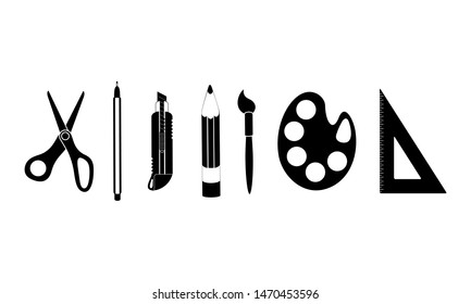 Set of school and office tools. Black stationery icons isolated on white background. Vector illustration.