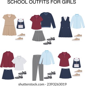 Conjunto de ropa escolar para niñas. Uniforme escolar para colegiala, adolescente, estudiante. Ropa esencial de chica. Camisa, camiseta, pantalones, chaqueta, pulloveer, vestido, falda. Ilustración vectorial.