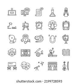 Set school outline icons  Contains such Icons as prehistoric fossil  magnetism  sports  student asking  school bell  scientist  theater mask  globe  arc de triomphe etc  pixel perfect at 64x64 