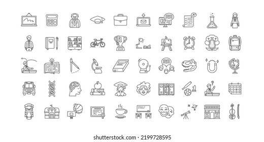Set Of School Outline Icons. Contains Such Icons As Whiteboard, Teacher, Student, Graduation, Breakfast, Art Class, Basket Ball, Library, Bus, Certificate, Stationary,  Etc. Pixel Perfect At 64x64.