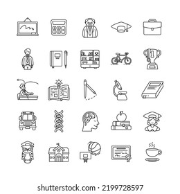 Set of school outline icons. Contains such Icons as whiteboard, teacher, student, graduation, breakfast, bus, certificate, bullying etc. pixel perfect at 64x64.