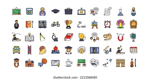 Set of school outline icons. Contains such Icons as whiteboard, teacher, student, graduation, breakfast, art class, basket ball, library, bus, certificate, stationary,  etc. pixel perfect at 64x64.