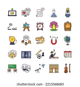 Set school outline icons  Contains such Icons as prehistoric fossil  magnetism  sports  student asking  school bell  scientist  theater mask  globe  arc de triomphe etc  pixel perfect at 64x64 