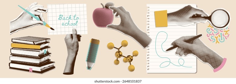 Set of school paper stickers, retro halftone collage elements for media design. Hands holding loupe, apple, painting brush, piece of paper, pen. Vector design on the theme of school, study, university