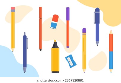 Set of school pens and pencils concept. School supplies and stationery. Markers and erasers for office and studying. Cartoon flat vector collection isolated on white background