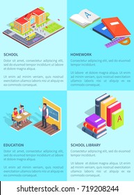 Set of school posters with text. Isolated vector illustration of educational institution, notebooks with homework, lesson and books from library