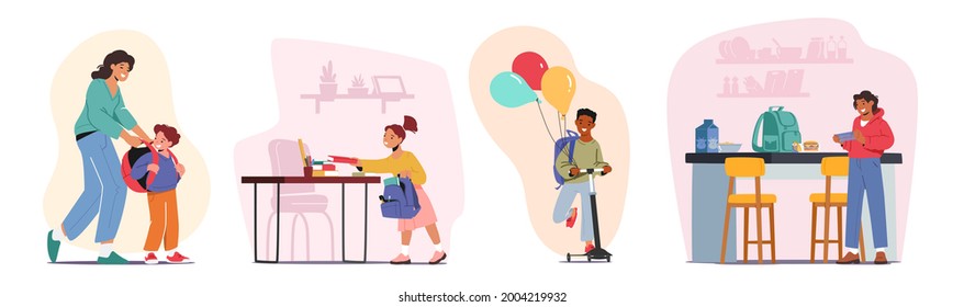 Set School Preparation, Kids Prepare for Studying Concept. Mother Character Take On Rucksack on Schoolboy . Boy Pupil Take Lunch Box Ready, Kid Riding Scooter. Cartoon People Vector Illustration