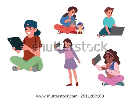 Set of School or Preschool Children Using Gadgets, Kids Remote Education, Addiction of Smart Technologies. Early Development, Students Characters Studying Online. Cartoon People Vector Illustration.