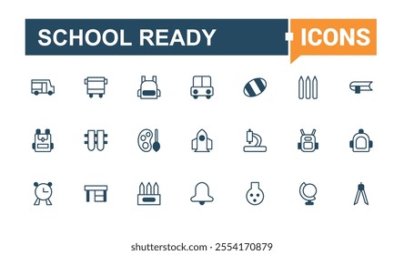 Set of School Ready line icons. Includes icons for classroom, student, study, academy, knowledge, college, e-book, bag. Thin linear style icons. Editable vector icon and illustration.