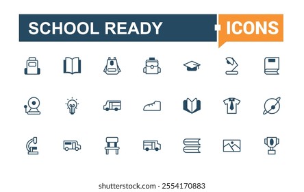 Set of School Ready line icons. Includes icons for classroom, student, study, academy, knowledge, college, e-book, bag. Thin linear style icons. Editable vector icon and illustration.