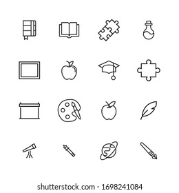 Set von Vektorillustration-Symbolen für Schulen. Premium-Paket mit linearen Symbolen. Vektorillustration einzeln auf weißem Hintergrund. Web-Symbole für Webseiten und mobile App. Trendloses Design. 