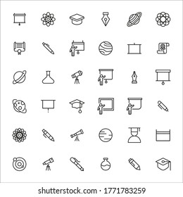 Conjunto de iconos de línea vectorial relacionados con la escuela. Paquete de símbolos lineales premium. Ilustración vectorial aislada en un fondo blanco. Símbolos web para sitios web y aplicaciones móviles. Diseño de moda. 
