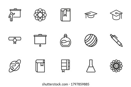 Conjunto de iconos de línea vectorial relacionados con la escuela. Paquete de símbolos lineales premium. Ilustración vectorial aislada en un fondo blanco. Símbolos web para sitios web y aplicaciones móviles. Diseño de moda.