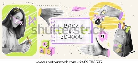 Set of school retro halftone collage elements for media design. Backpack, student, notebook paper, bell, alphabet cubes, hand, pen, pencil. Vector vintage collage theme of school, study, university