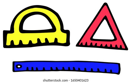 set of school rulers in doodle style. Color vector illustration. Elements are drawn by hand and isolated on a white background. Devices for measuring length and angles