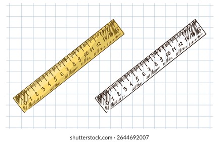 Set of school rulers in hand drawn vintage style — one colored and one monochrome. Isolated on grid notebook background. Great for educational and stationery-themed designs.