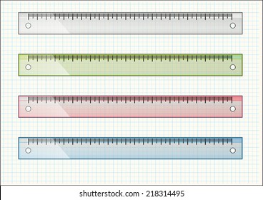 Set of school rulers on light paper with blue links