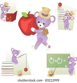 Set of school scenes with teddy bear
