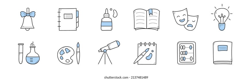 Set of school, science and education doodle icons. Bell, globe, notebook, glue, theatrical mask and chemical beakers, paints, palette, telescope, textbook and abacus Line art vector illustration