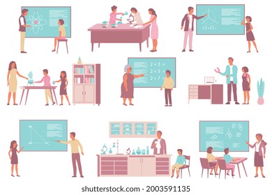 Set of school sciences mathematics chemistry physics flat compositions of classroom furniture with teachers and pupils vector illustration
