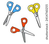 Set of school scissors with colored plastic handle. Open and closed scissors. Vector illustration with black outline.