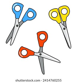 Set of school scissors with colored plastic handle. Open and closed scissors. Vector illustration with black outline.