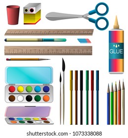 set for school. scissors, glue, ruler, colored pencils, markers, watercolor paints, a glass for water, brushes, pencil sharpener, pen.