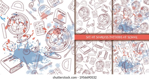 Set of school seamless background, pattern with linear icons and multicolored blots. School accessories. educational background. vector illustration.